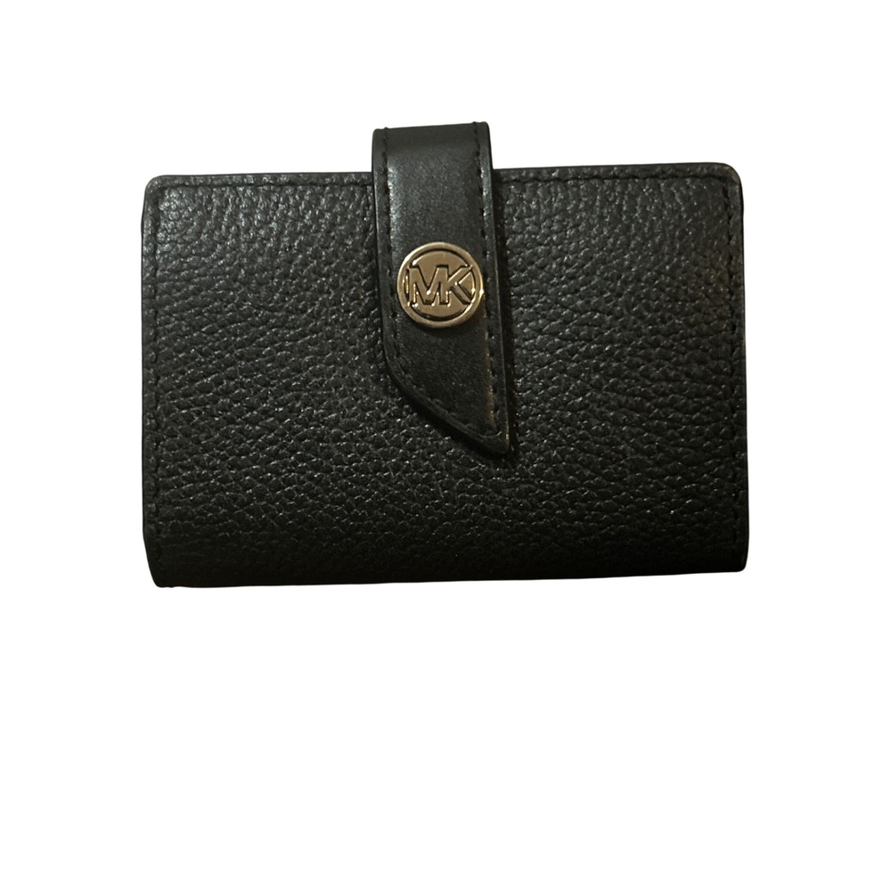 Michael Kors Black Pebbled Leather Card Holder Wallet Gold MK Logo Snap Bifold